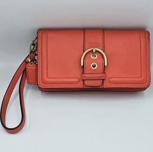 COACH Orange Leather Wristlet Buckle Clutch Bifold Wallet **